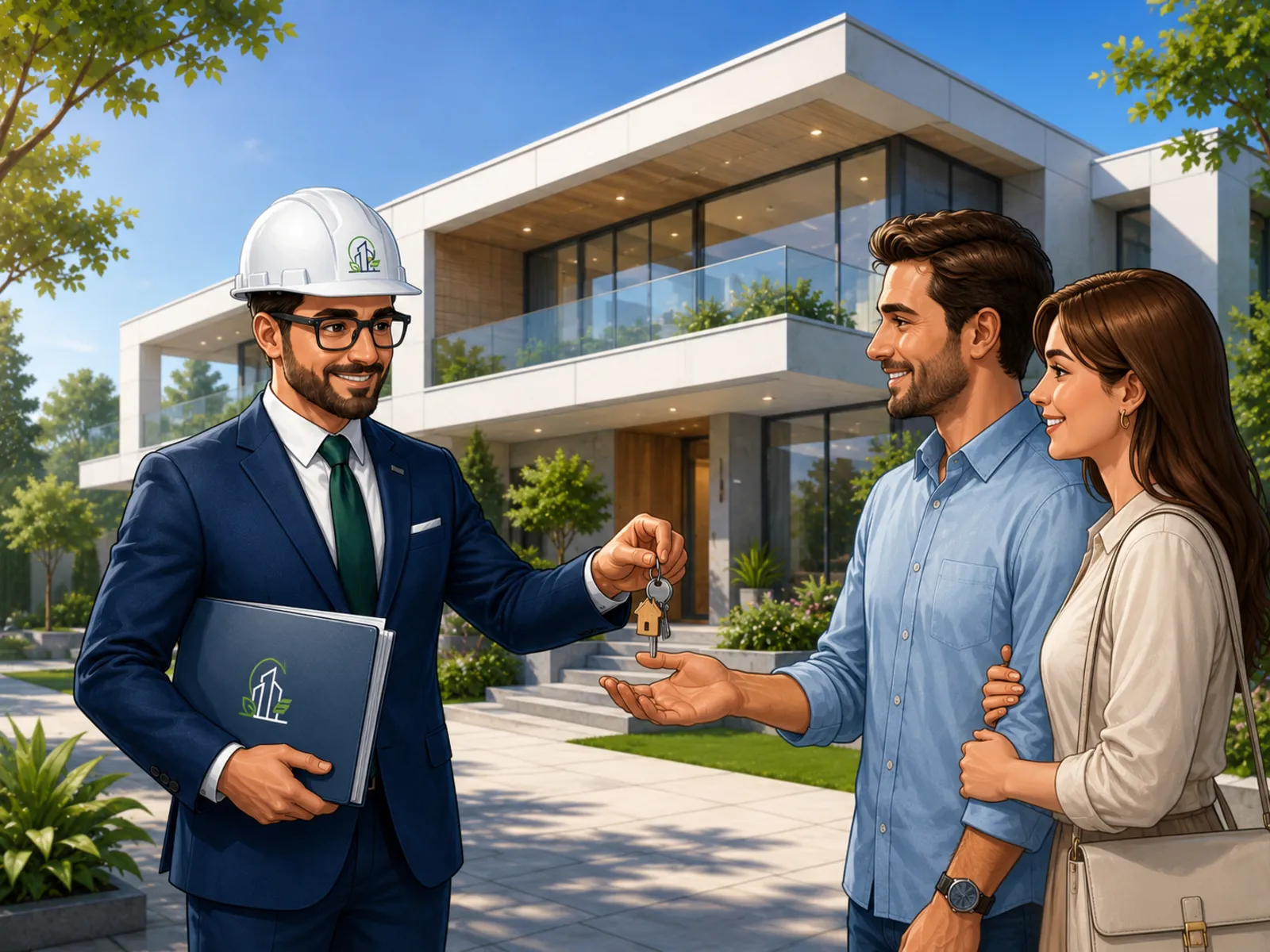 Ingegnere consegna il progetto di una villa moderna a una coppia di clienti