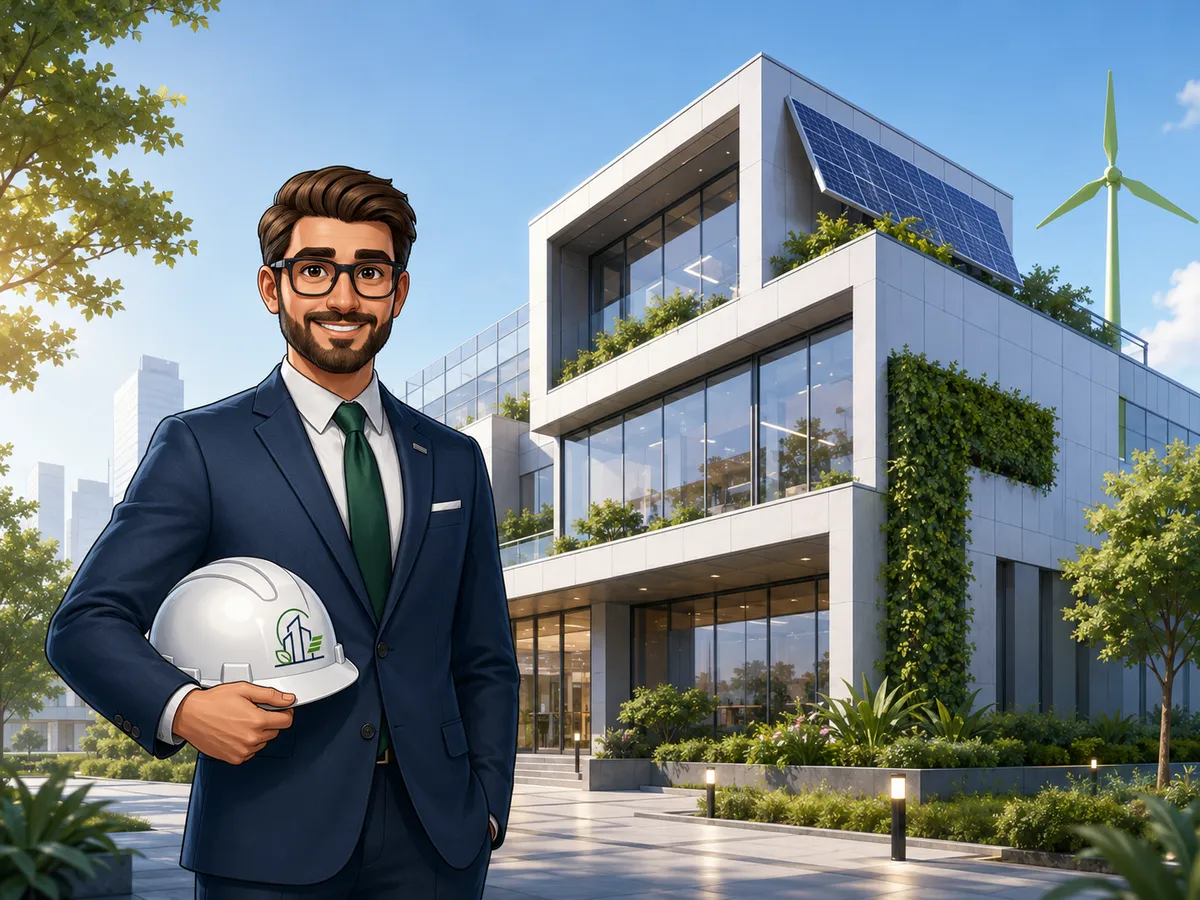 Ingegnere con casco davanti a un edificio moderno con facciata verde