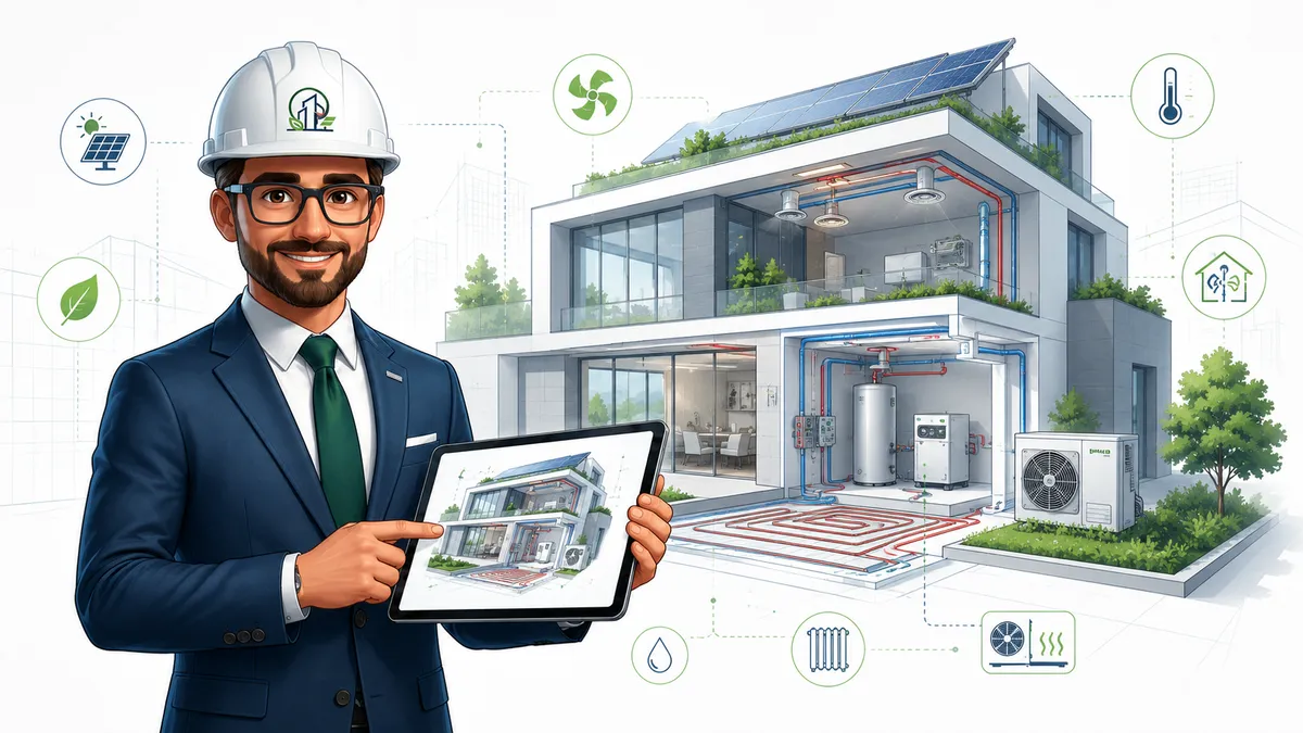 Abitazione moderna con schema degli impianti termici e di ventilazione
