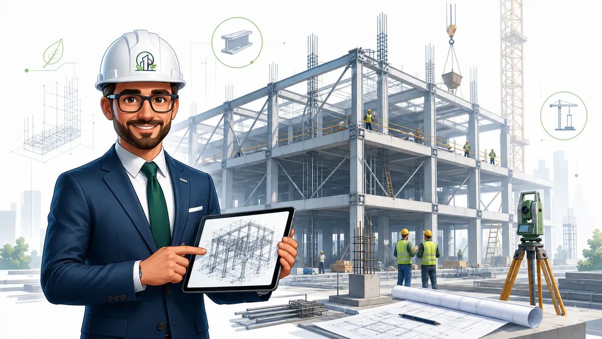 Cantiere con struttura in acciaio e strumentazione topografica