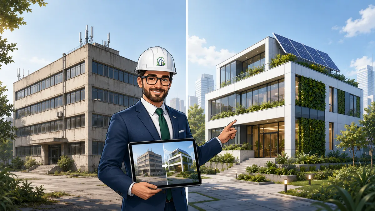 Confronto tra edificio datato ed edificio riqualificato con verde e fotovoltaico