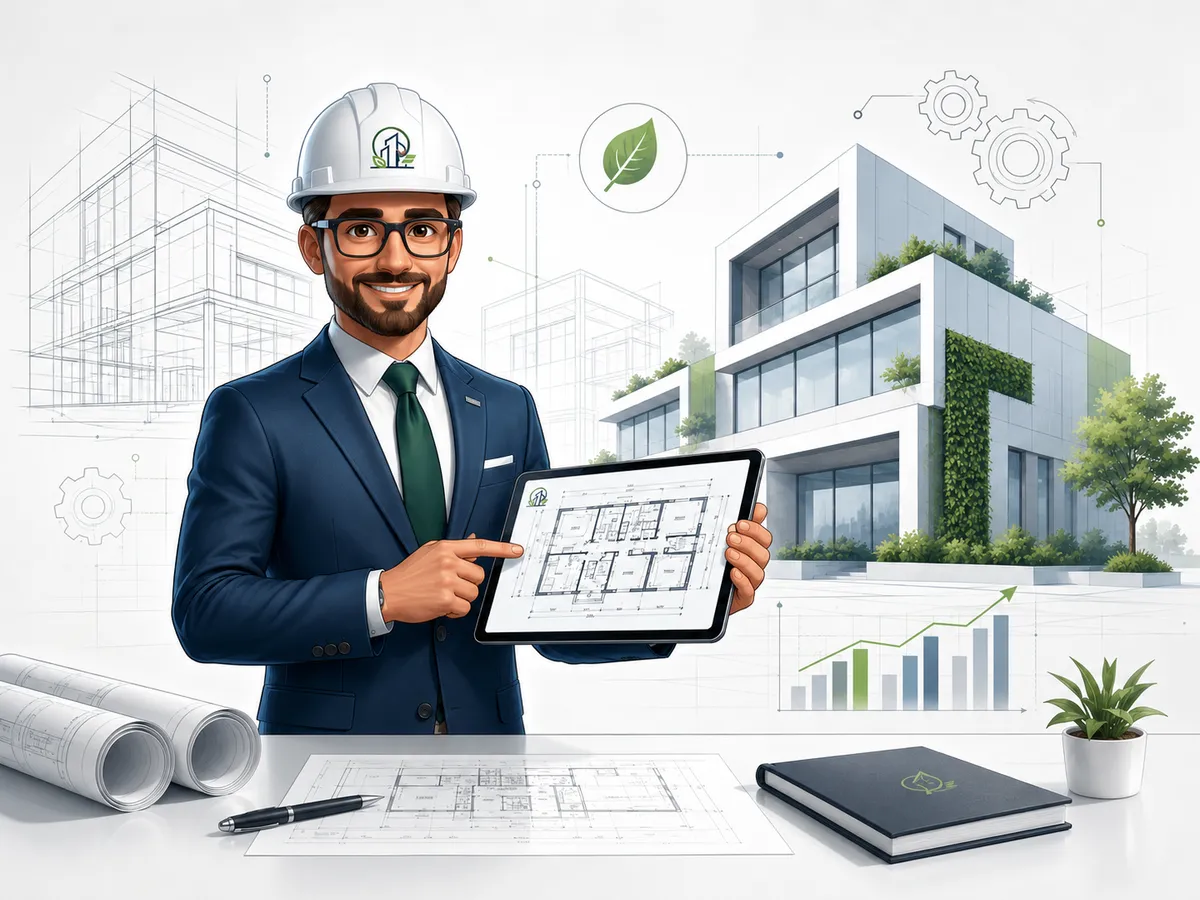 Ingegnere presenta una planimetria su tablet accanto a elaborati di progetto