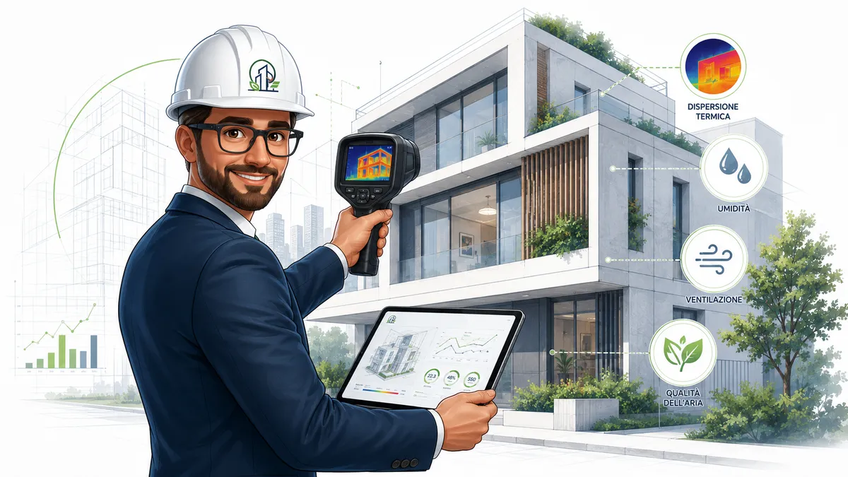 Tecnico esegue un'indagine termografica sulla facciata di un edificio